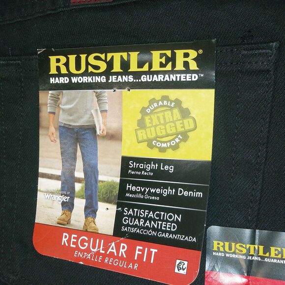 NEW Rustler Wrangler Men’s Regular Fit 44x30 Straight Leg Heavy Weight BLACK - Picture 6 of 7